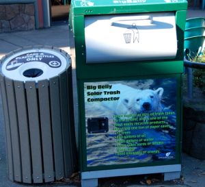 Even a solar trash compactor can tell its story. 